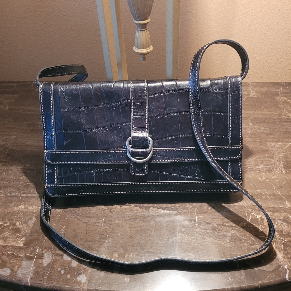 Black Croc Embossed Shoulder Bag